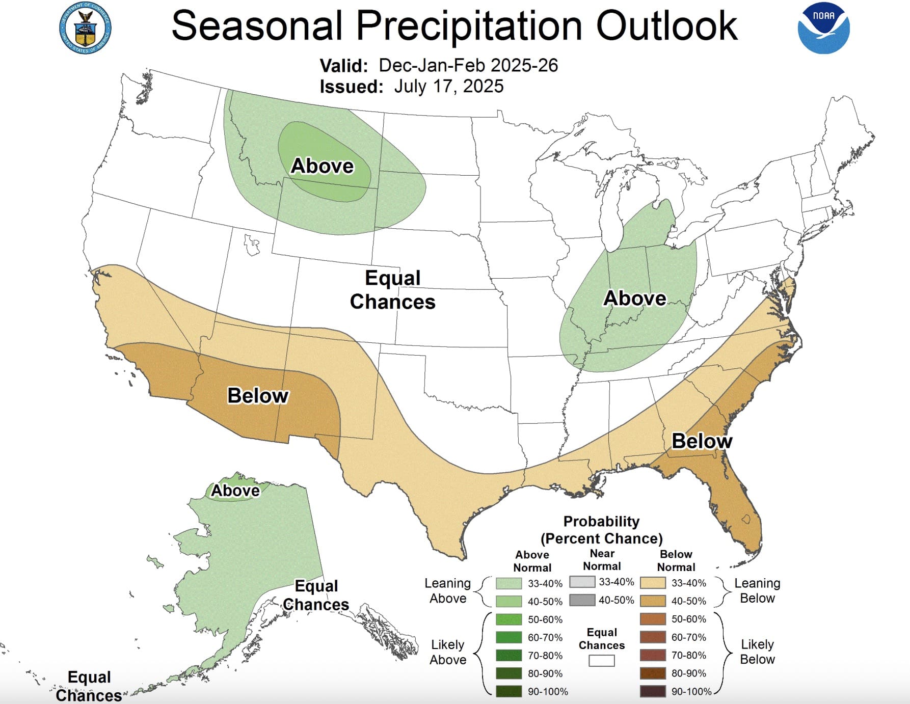 NOAA Seasonal Precipitation Outlook for December, January, and February.